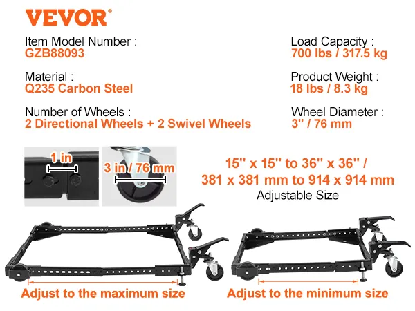 VEVOR mobile base, 700 lbs capacity, q235 carbon steel, adjustable 15"-36", 4 wheels, strong and durable.