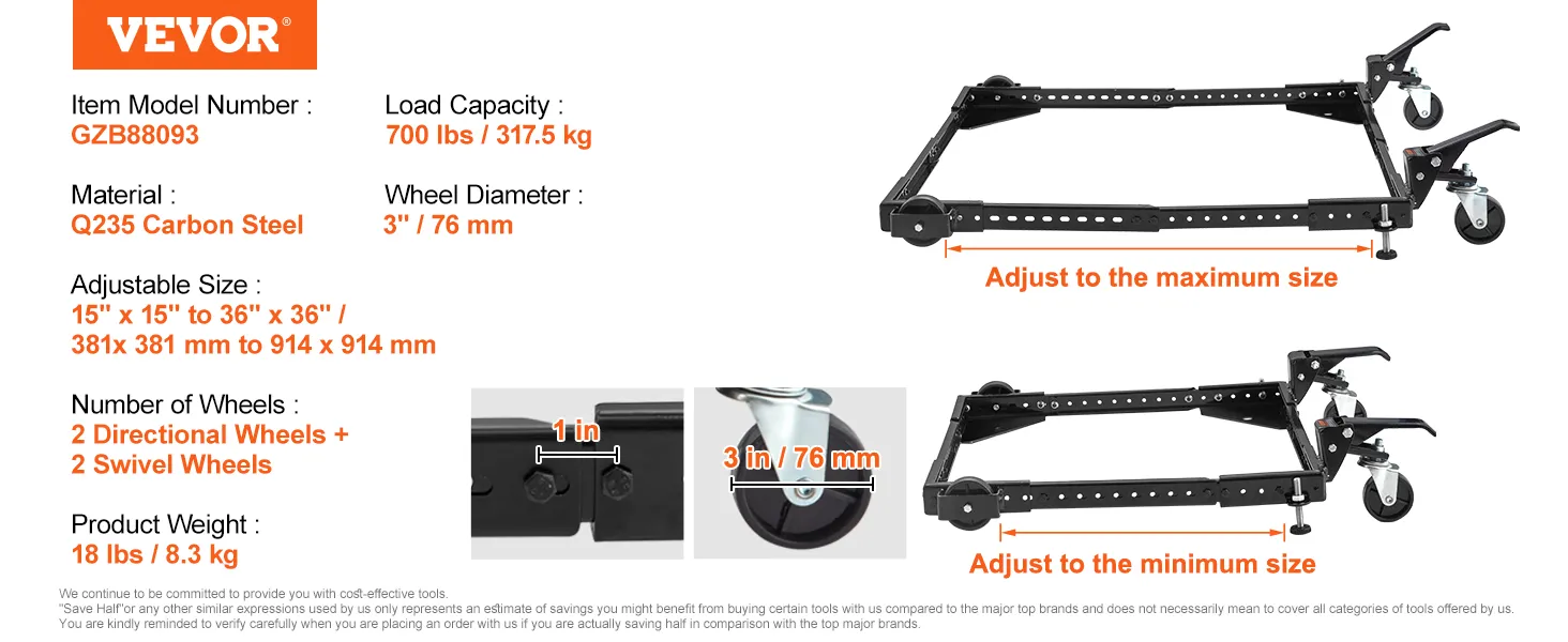 VEVOR mobile base, 700 lbs capacity, q235 carbon steel, adjustable 15"-36", 4 wheels, strong and durable.