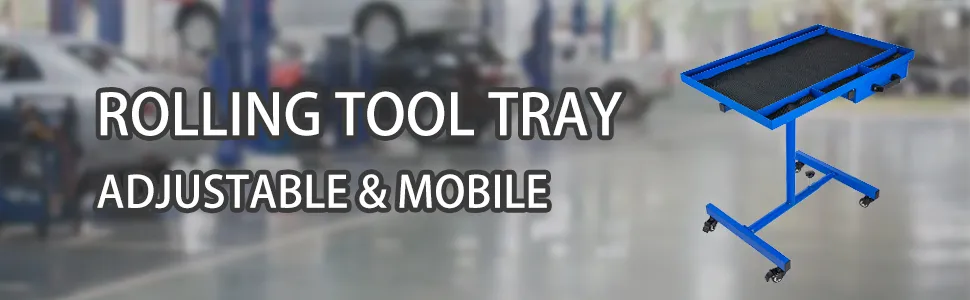 VEVOR rolling tool table, adjustable and mobile in a garage setting.