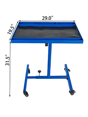 blue VEVOR rolling tool table with dimensions 29x19.5x31.5 inches and caster wheels.
