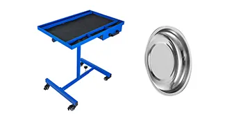 blue VEVOR rolling tool table with casters and a round silver tray.