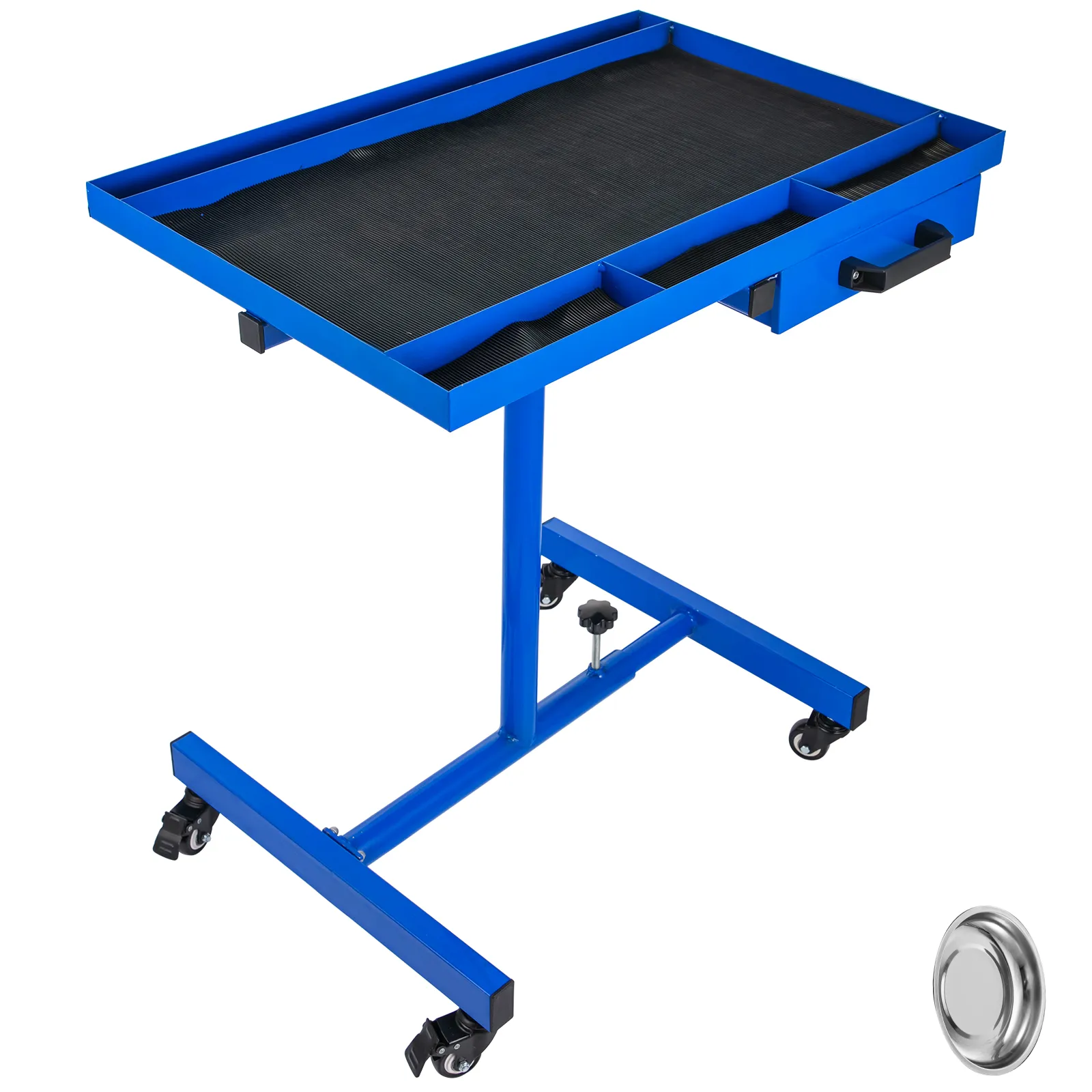 blue VEVOR rolling tool table with wheels, drawer, and black mat.