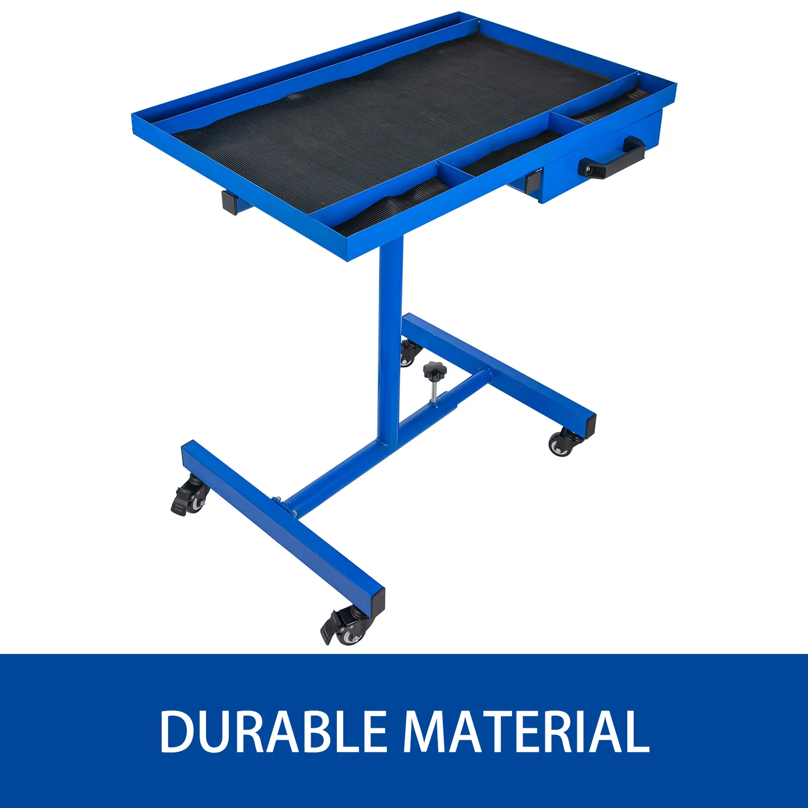 blue VEVOR rolling tool table with drawer on wheels, durable material.