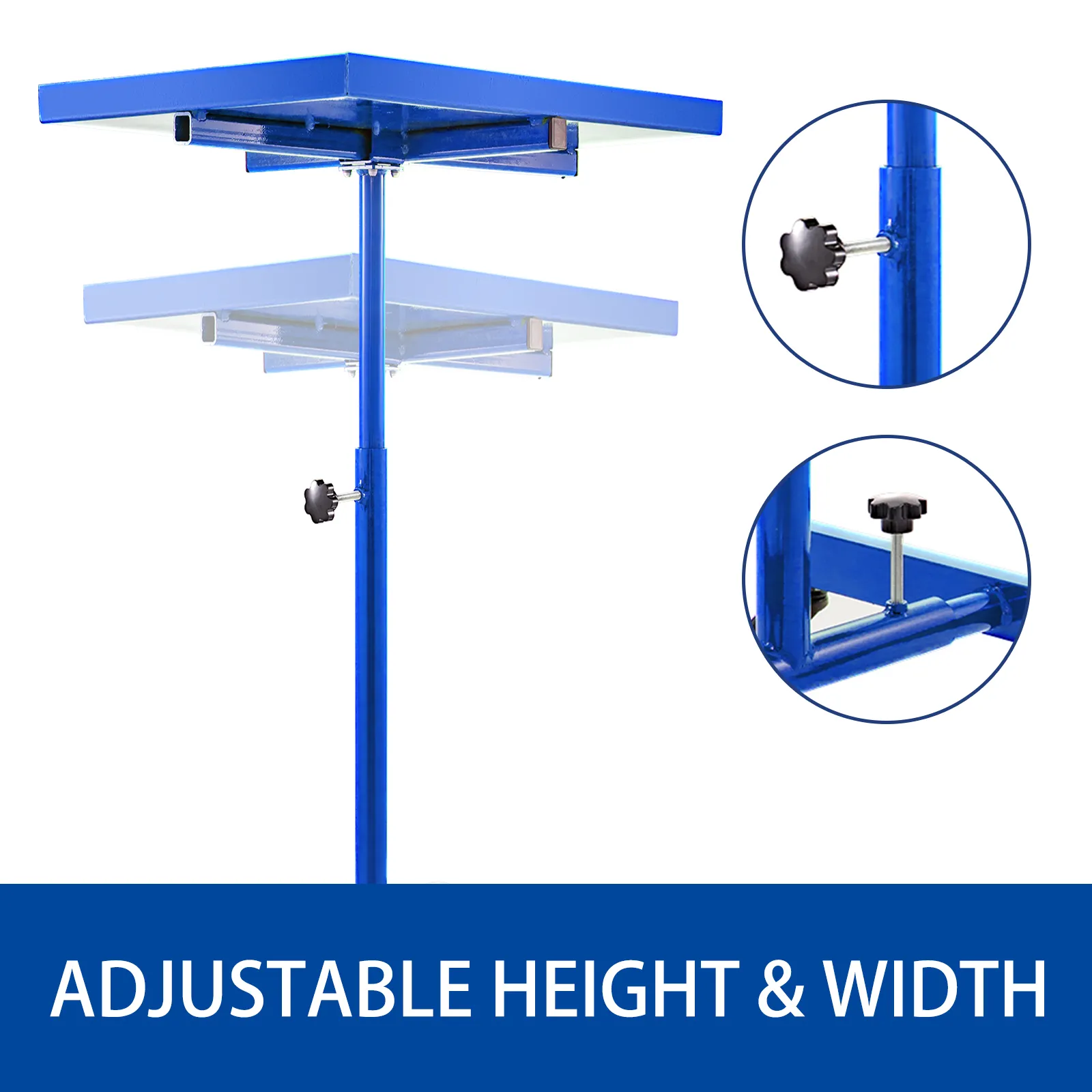 VEVOR rolling tool table with adjustable height and width settings. blue frame.