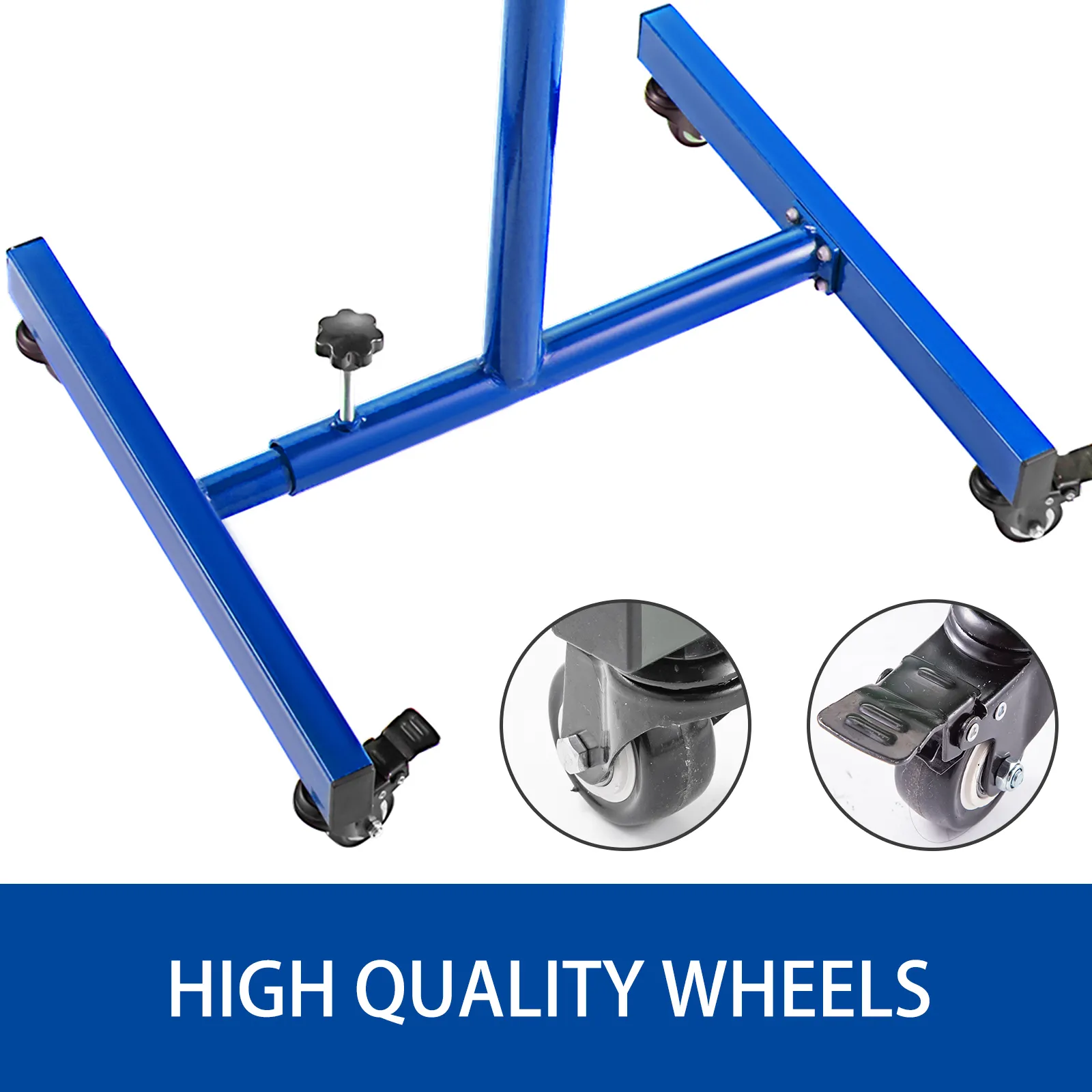VEVOR rolling tool table's blue frame showcasing high-quality caster wheels.