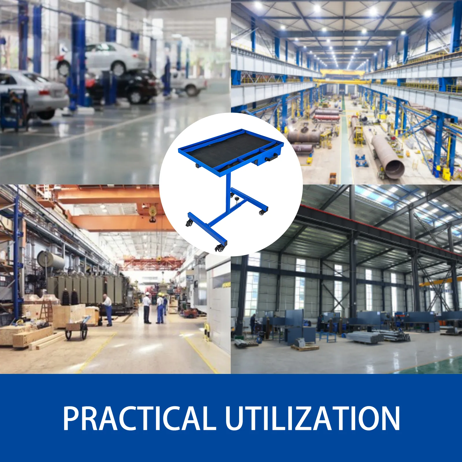 VEVOR rolling tool table in various industrial and automotive settings for practical use.