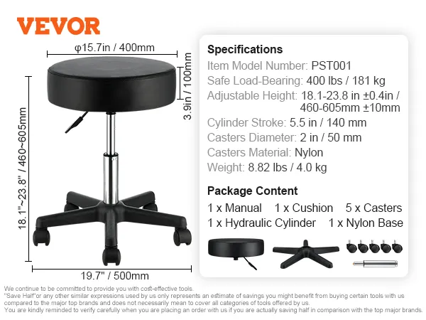 VEVOR rolling stools with adjustable height, nylon casters, and a loading capacity of 400 lbs.