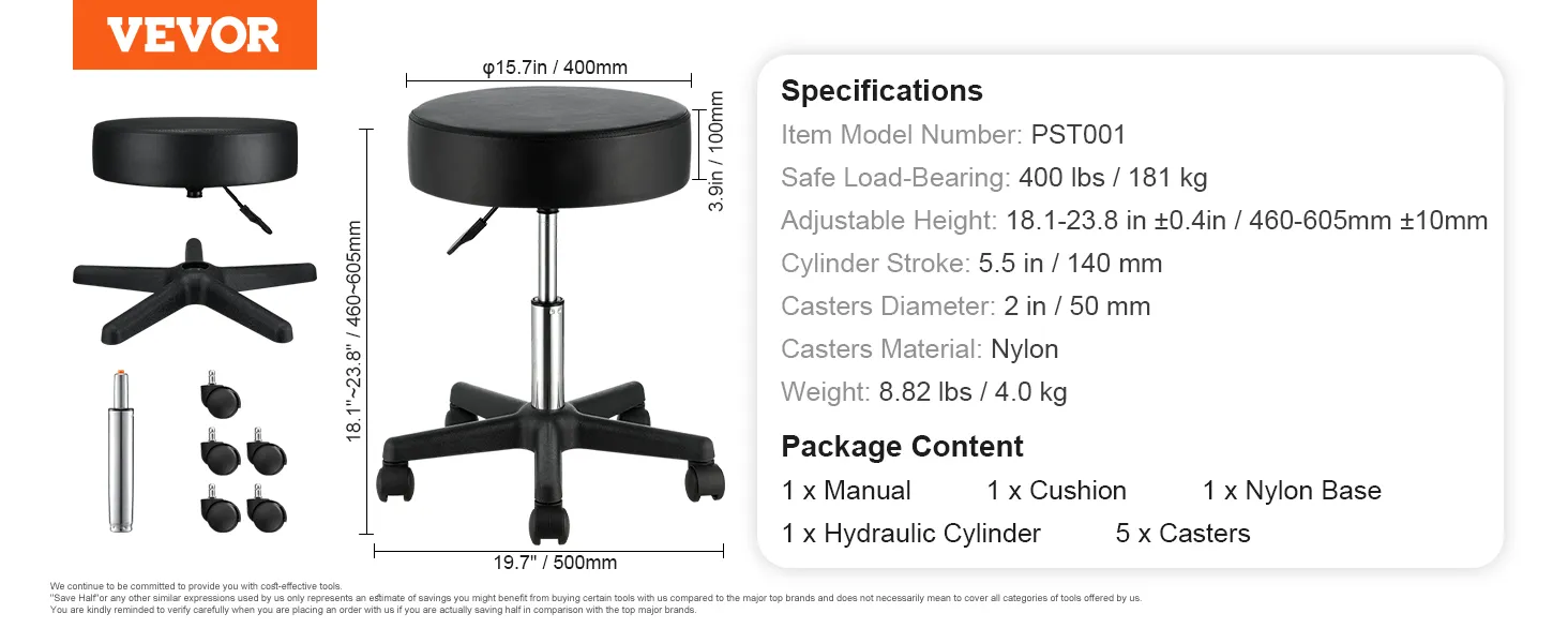 VEVOR rolling stools with adjustable height, nylon casters, and a loading capacity of 400 lbs.