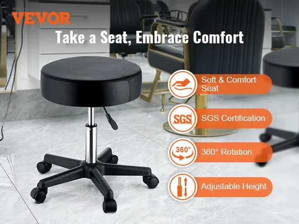 VEVOR rolling stools with soft seat, 360° rotation, adjustable height, and sgs certification.