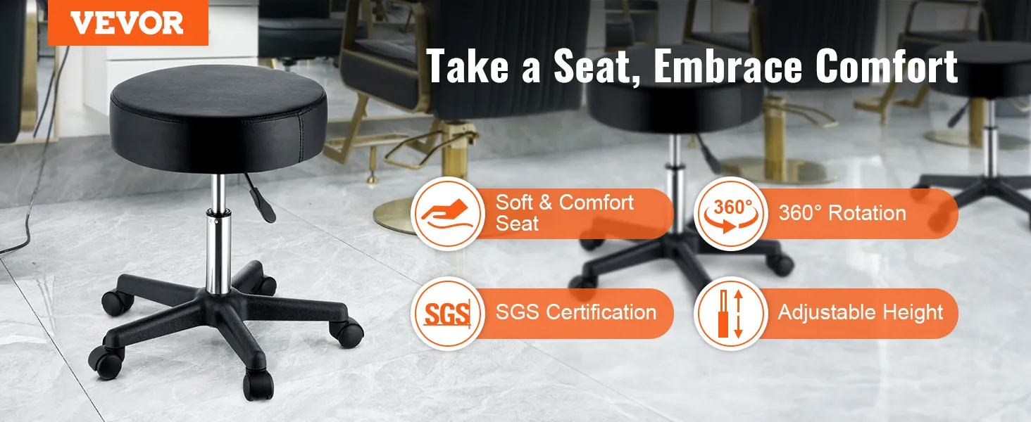 VEVOR rolling stools with soft seat, 360° rotation, adjustable height, and sgs certification.