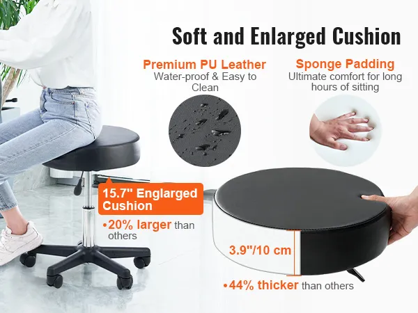 soft and enlarged VEVOR rolling stools cushion with premium pu leather and sponge padding for extra comfort.