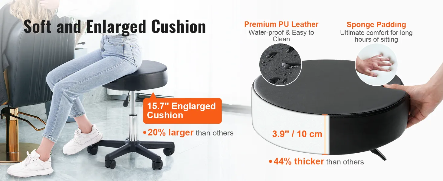 soft and enlarged VEVOR rolling stools cushion with premium pu leather and sponge padding for extra comfort.