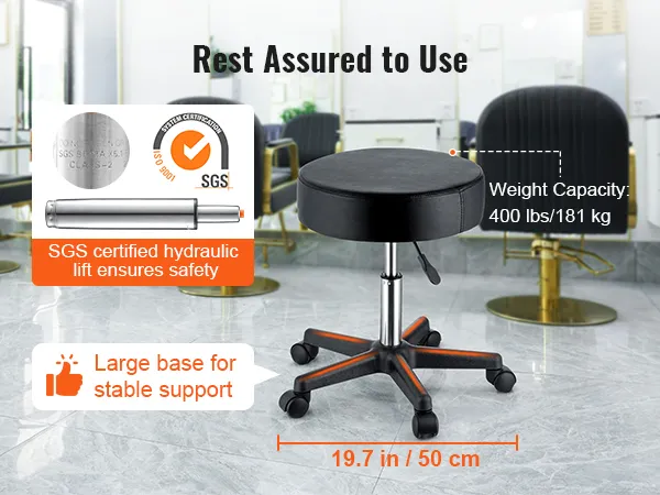 VEVOR rolling stools with large base, 400 lbs capacity, and sgs certified hydraulic lift for safety.