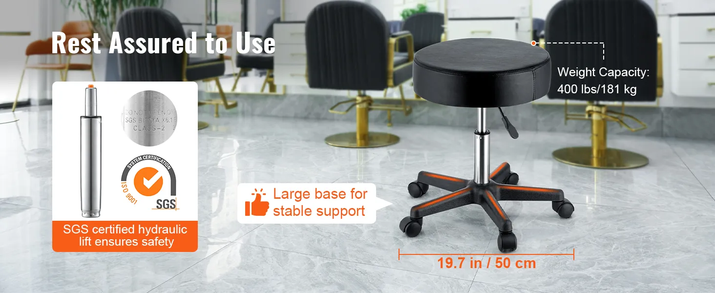 VEVOR rolling stools with large base, 400 lbs capacity, and sgs certified hydraulic lift for safety.