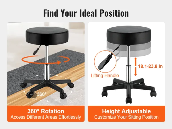VEVOR rolling stools with 360° rotation and height adjustment from 18.1 to 23.8 inches for comfort.