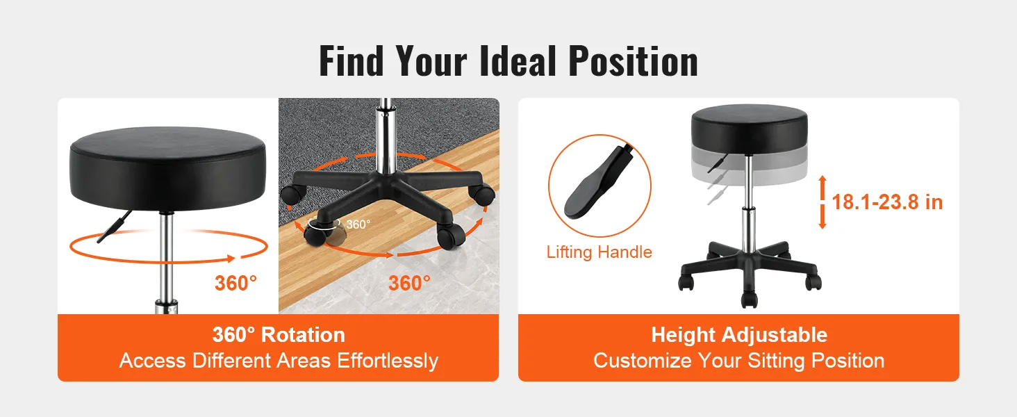 VEVOR rolling stools with 360° rotation and height adjustment from 18.1 to 23.8 inches for comfort.