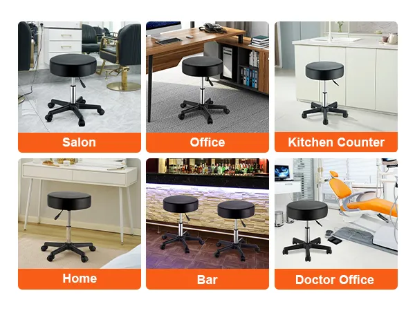 VEVOR rolling stools in salon, office, kitchen, home, bar, and doctor office settings.