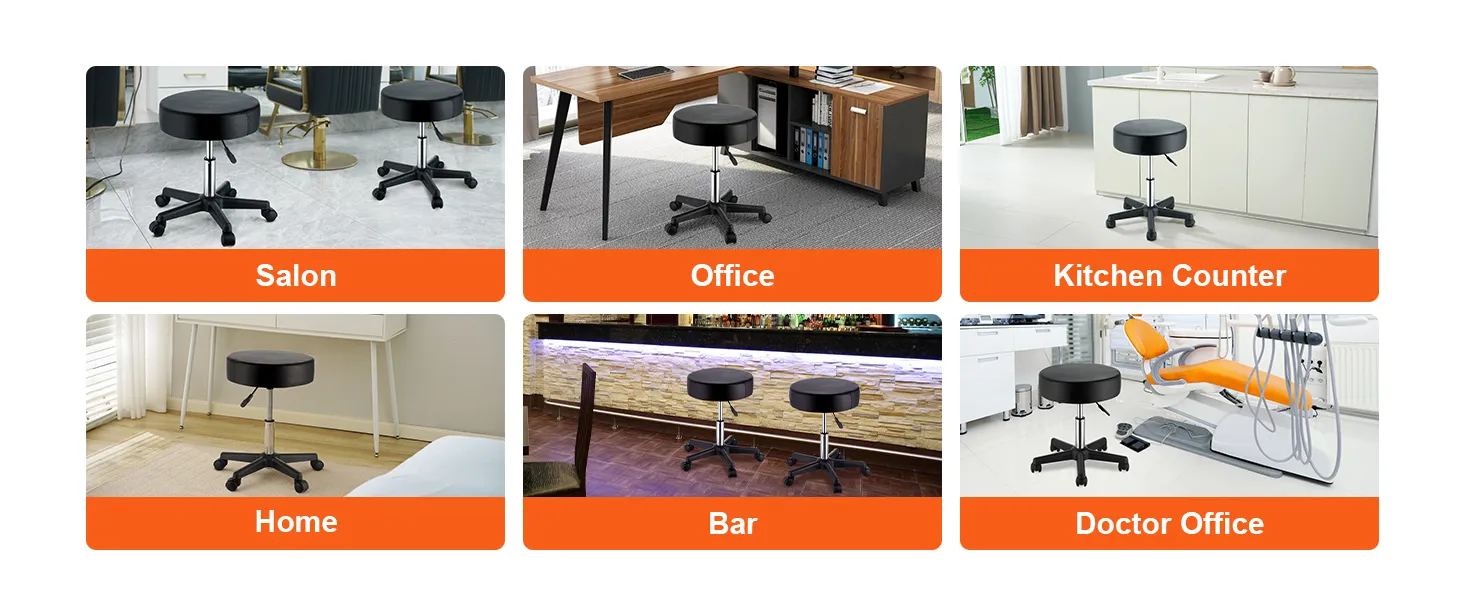 VEVOR rolling stools in salon, office, kitchen, home, bar, and doctor office settings.