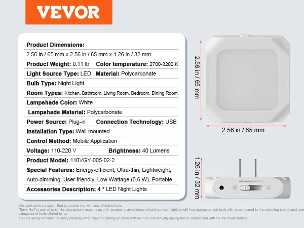 VEVOR led night light, 2.56x2.56x1.26 in, white polycarbonate, plug-in, 2700-3200k, 40 lumens, usb.