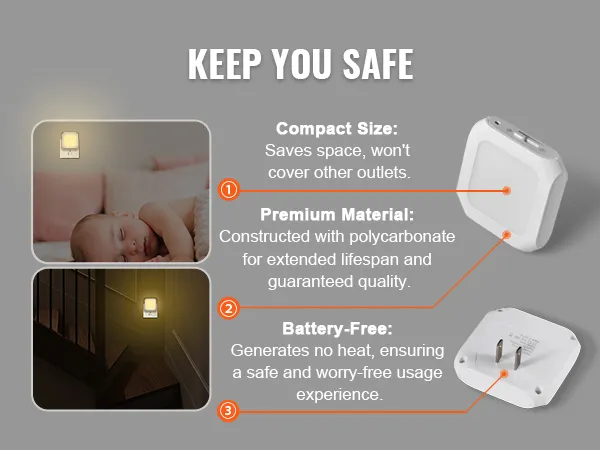 keep you safe. compact size, saves space. premium material, polycarbonate. battery-free, no heat.