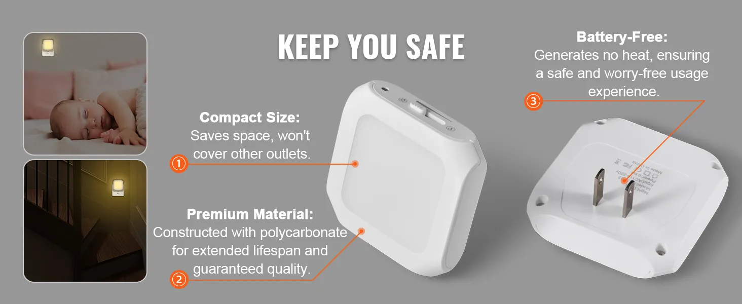 keep you safe. compact size, saves space. premium material, polycarbonate. battery-free, no heat.