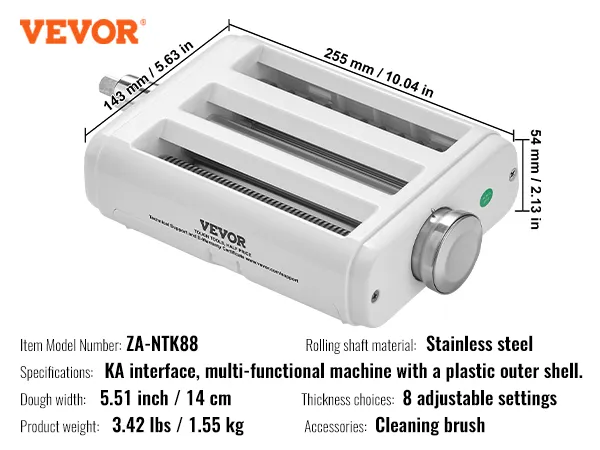 Accesorio para pasta VEVOR, modelo za-ntk88, eje de acero inoxidable, 8 configuraciones ajustables, cepillo de limpieza incluido.