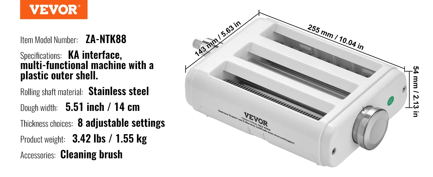 Accesorio para pasta VEVOR, modelo za-ntk88, eje de acero inoxidable, 8 configuraciones ajustables, cepillo de limpieza incluido.