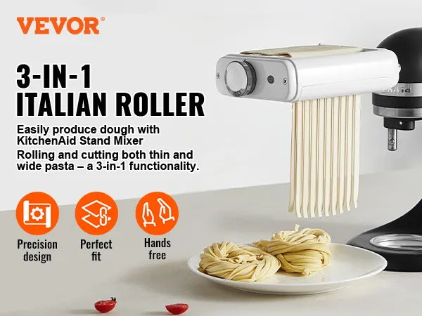 Accesorio para pasta VEVOR, rodillo italiano 3 en 1 con batidora de pie KitchenAid, para preparar pasta fácilmente.