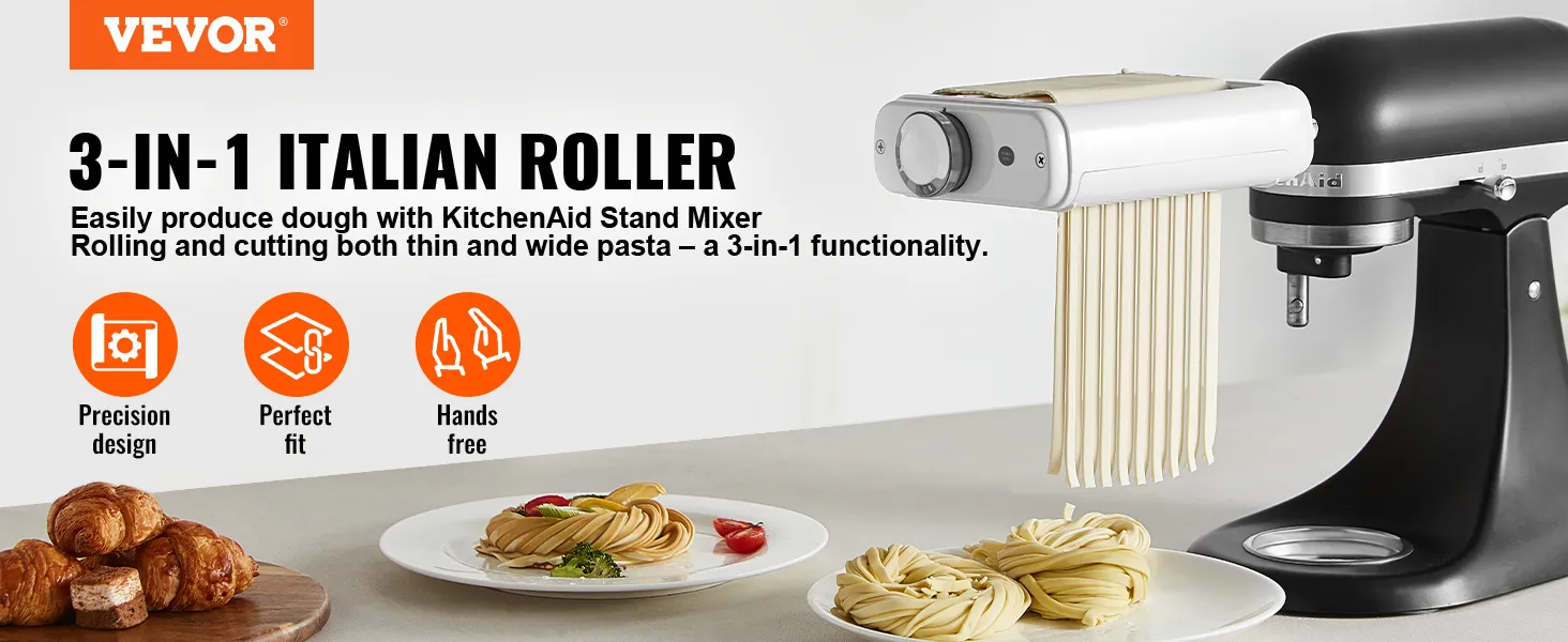 Accesorio para pasta VEVOR, rodillo italiano 3 en 1 con batidora de pie KitchenAid, para preparar pasta fácilmente.