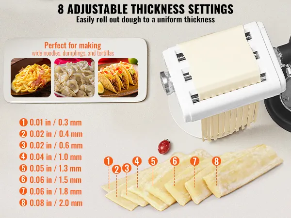 Accesorio para pasta VEVOR con 8 configuraciones de grosor ajustables para fideos, albóndigas y tortillas.