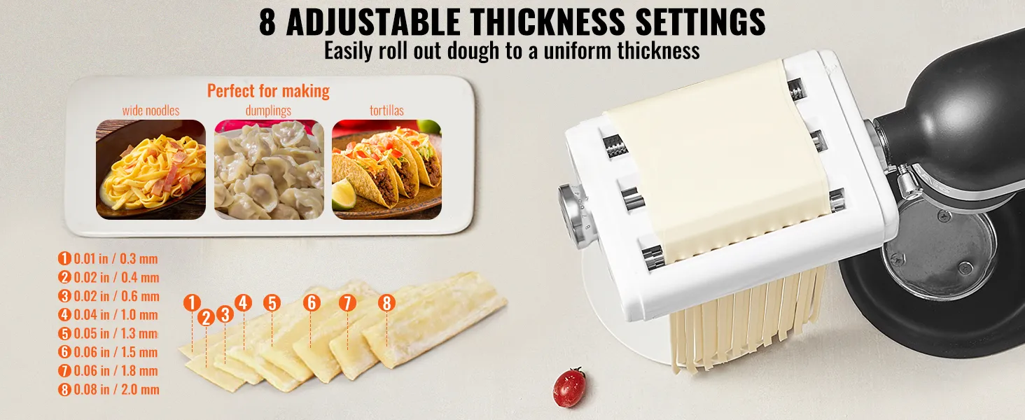 Accesorio para pasta VEVOR con 8 configuraciones de grosor ajustables para fideos, albóndigas y tortillas.