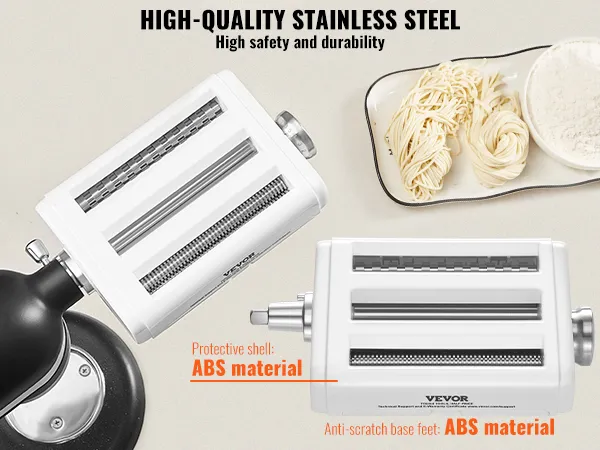Accesorio para pasta VEVOR con rodillos de acero inoxidable y carcasa de material ABS para mayor seguridad y durabilidad.