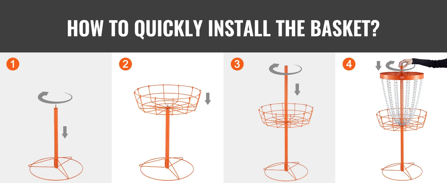 instrukcja szybkiej instalacji kosza do disc golfa VEVOR z czterema ilustrowanymi krokami.