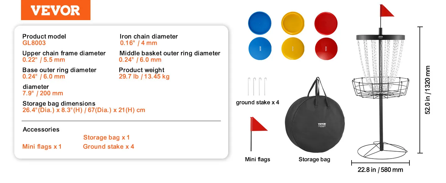 Kosz do disc golfa VEVOR GL8003 z 6 frisbee, torbą do przechowywania, chorągiewkami, kołkami i wymiarami produktu.