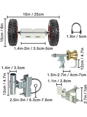 Elementy zestawu bramy rolowanej VEVOR z ogniwami łańcuchowymi wraz z podanymi wymiarami.