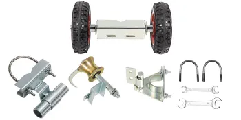 Zestaw bramy rolowanej VEVOR z ogniwami łańcuchowymi, z zestawem kół, zatrzaskiem bramy i osprzętem montażowym.