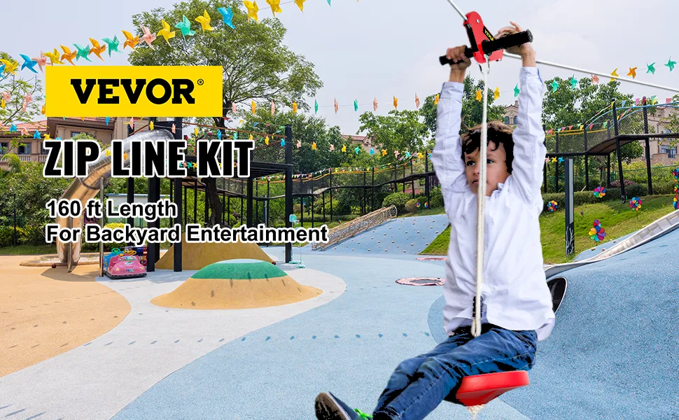 child having fun with VEVOR zip line kits, 160 ft for backyard entertainment.