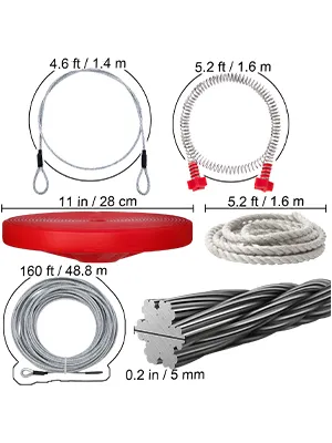 VEVOR zip line kits components including cables, red strap, and white rope.