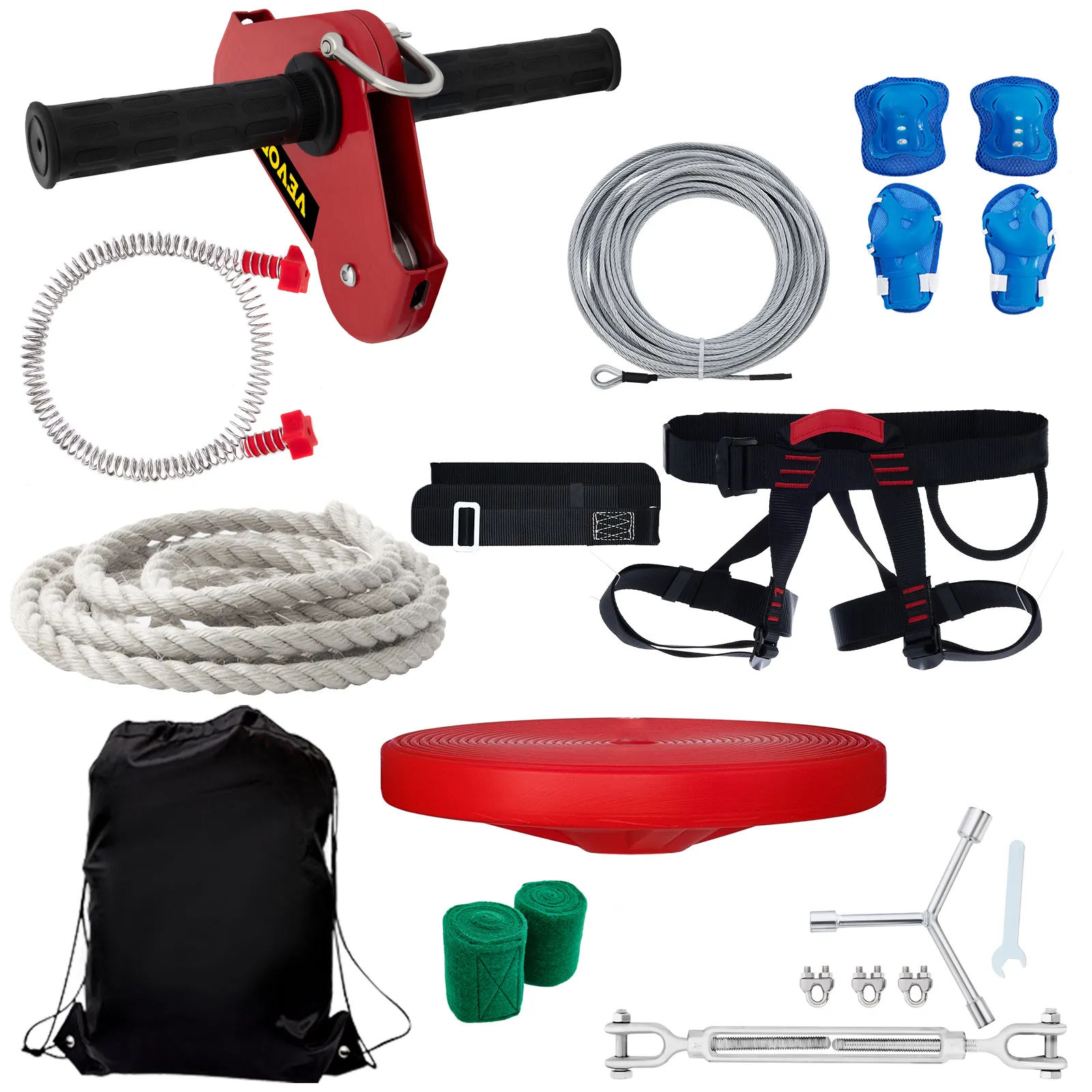 VEVOR zip line kits components: harness, cable, pulley, rope, safety gear, and tools.
