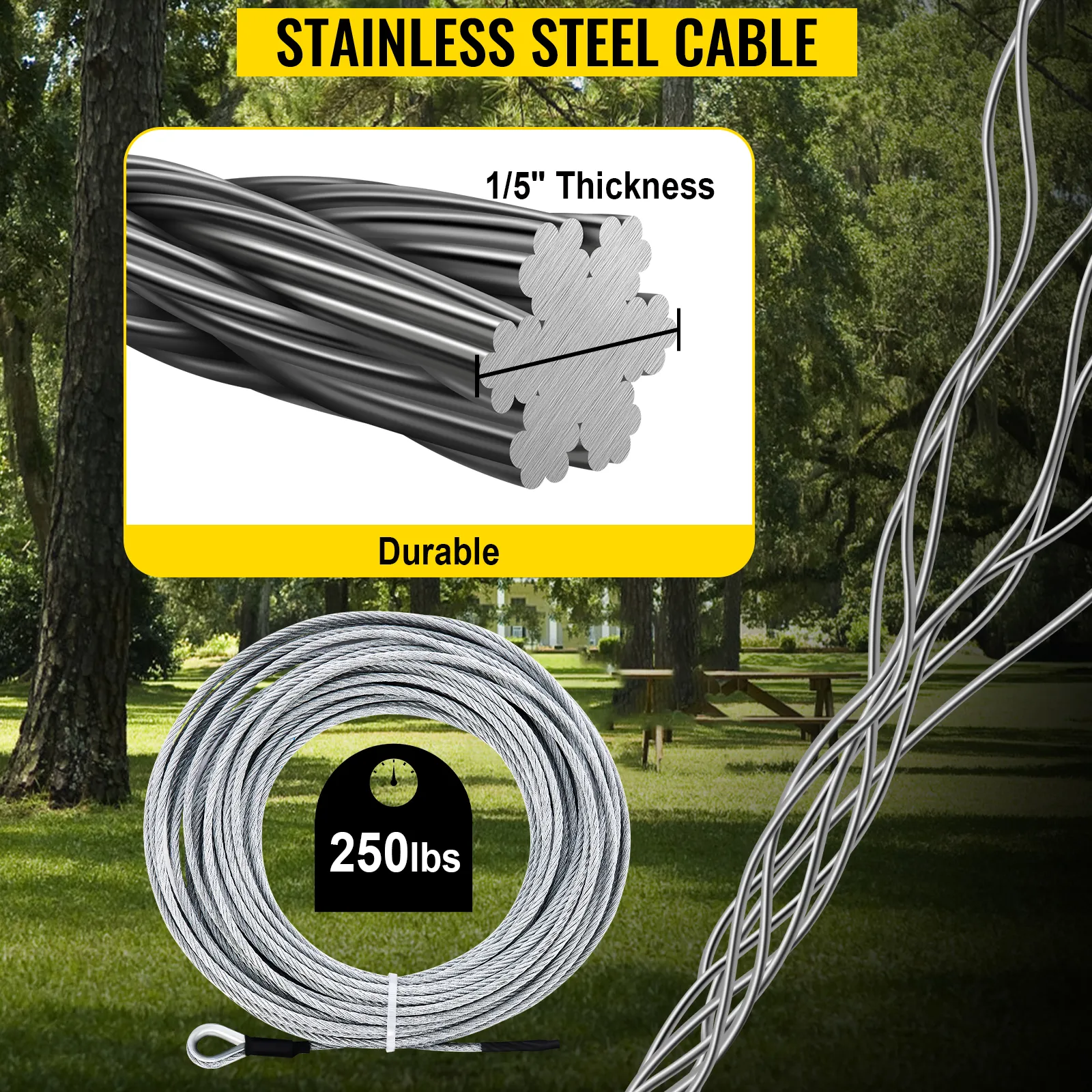 durable stainless steel cable for VEVOR zip line kits, 1/5" thick, supports 250 lbs.