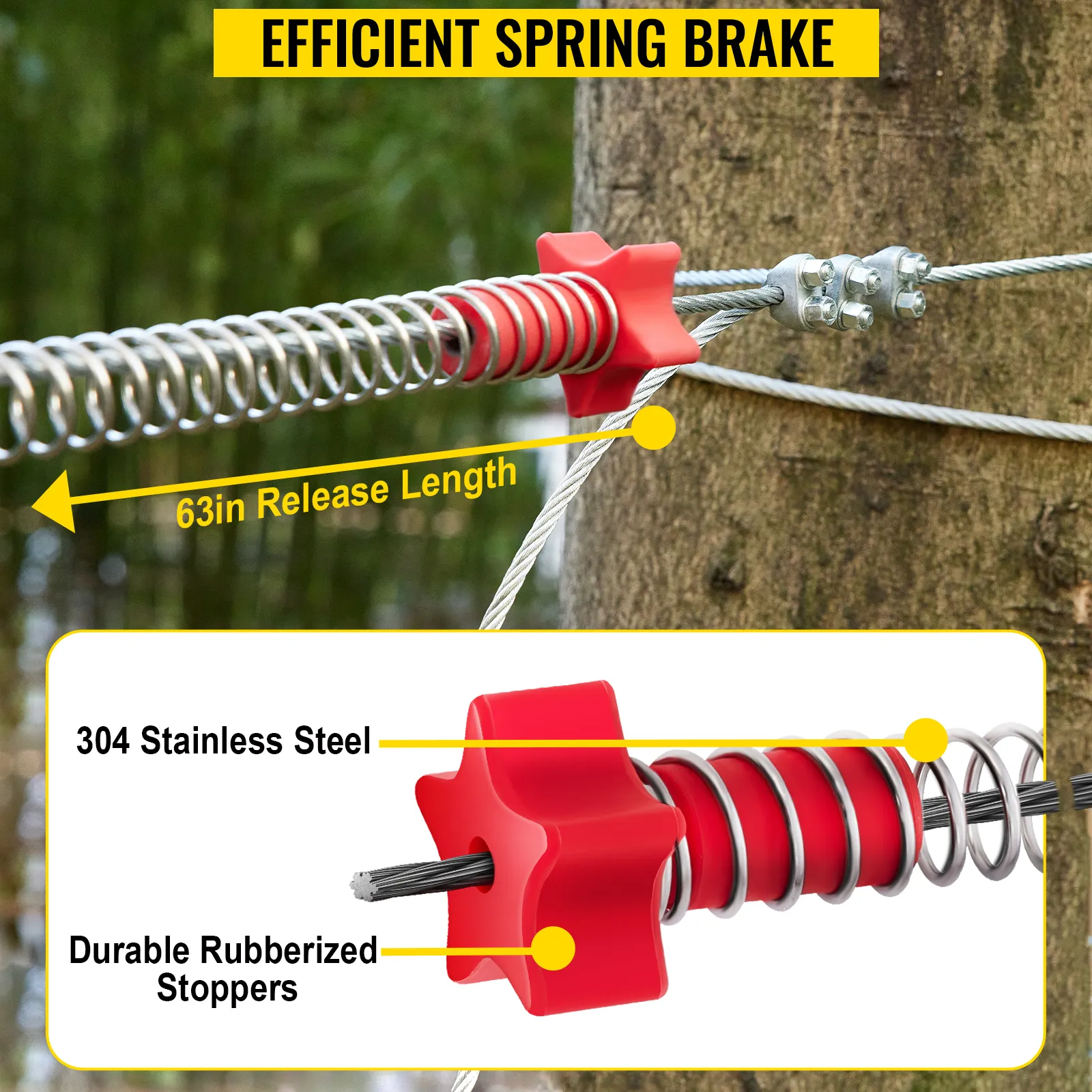 VEVOR zip line kits feature an efficient spring brake with a 63in release length.