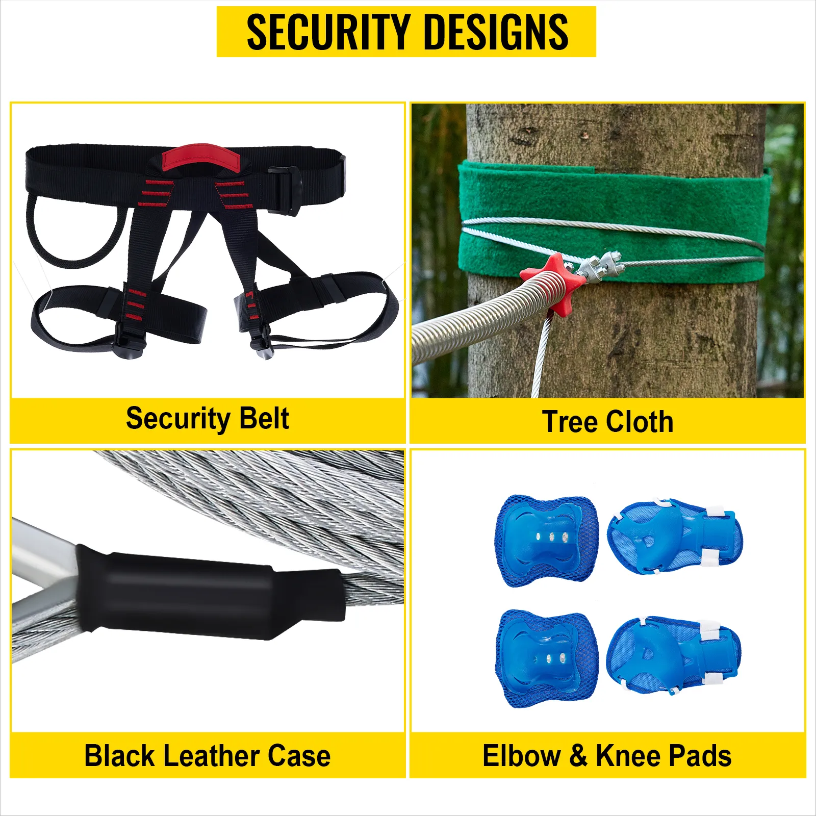 VEVOR zip line kits security belt, tree cloth, black leather case, elbow & knee pads.