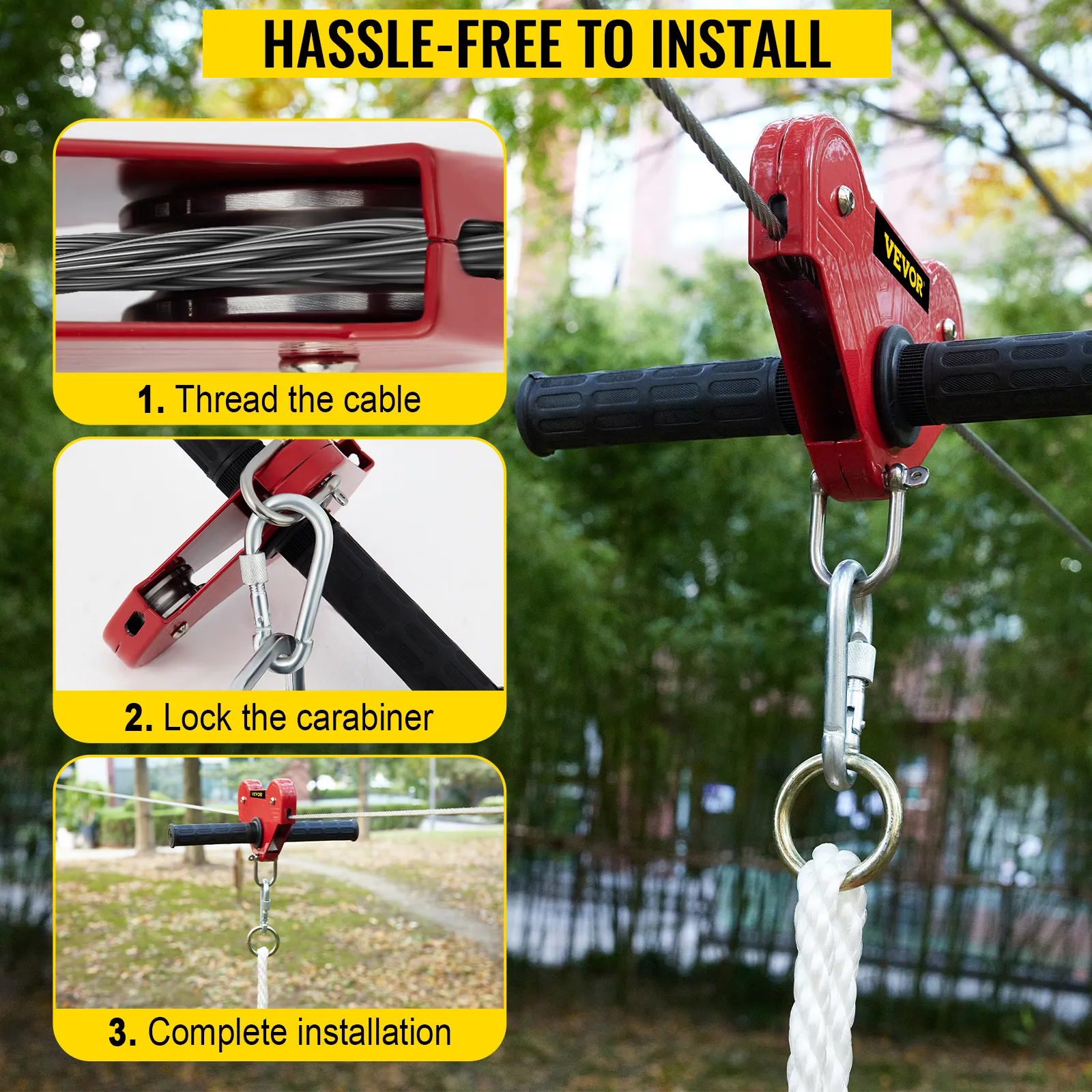 VEVOR zip line kits: easy 3-step installation guide with detailed visuals.