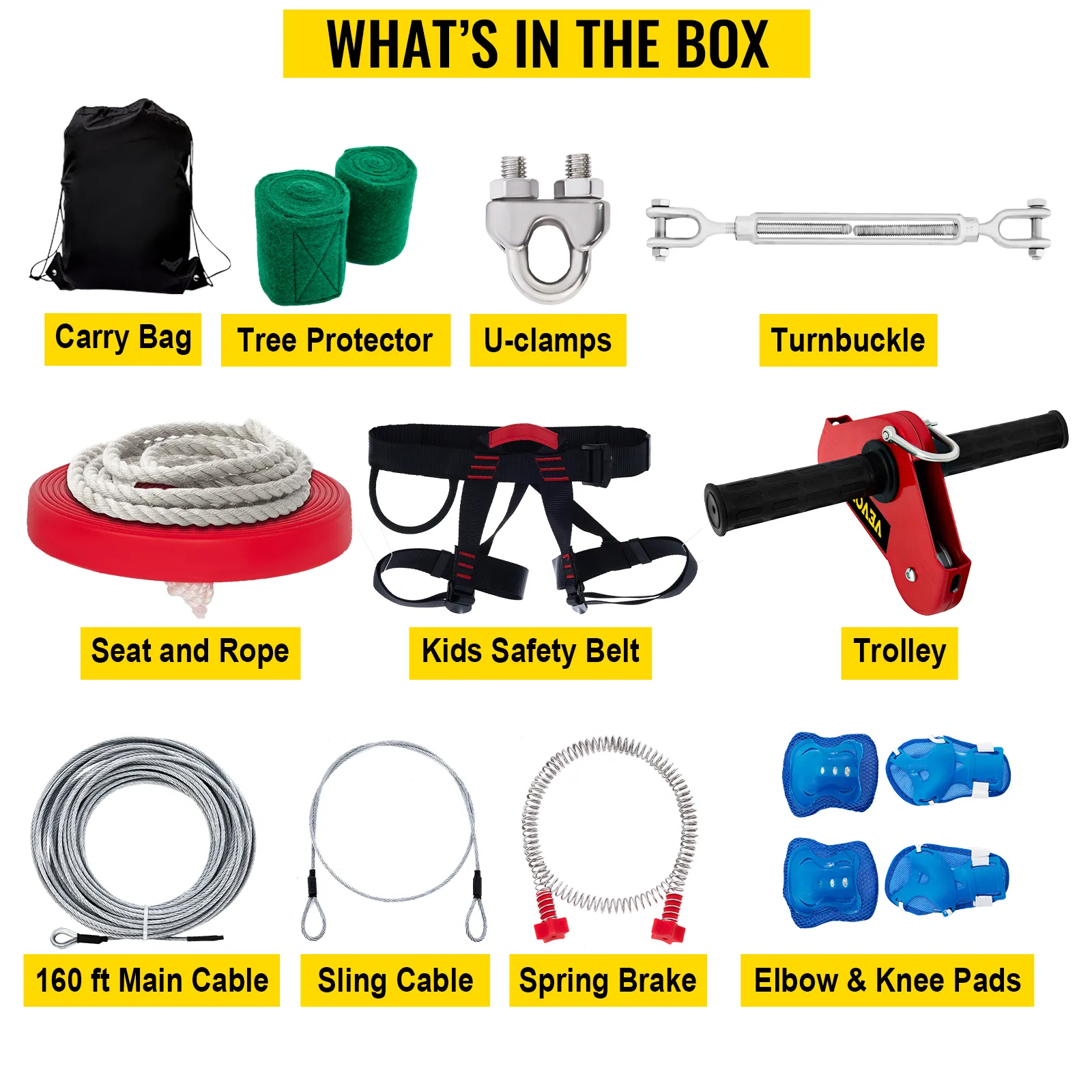VEVOR zip line kits contents: carry bag, tree protector, u-clamps, turnbuckle, and trolley.