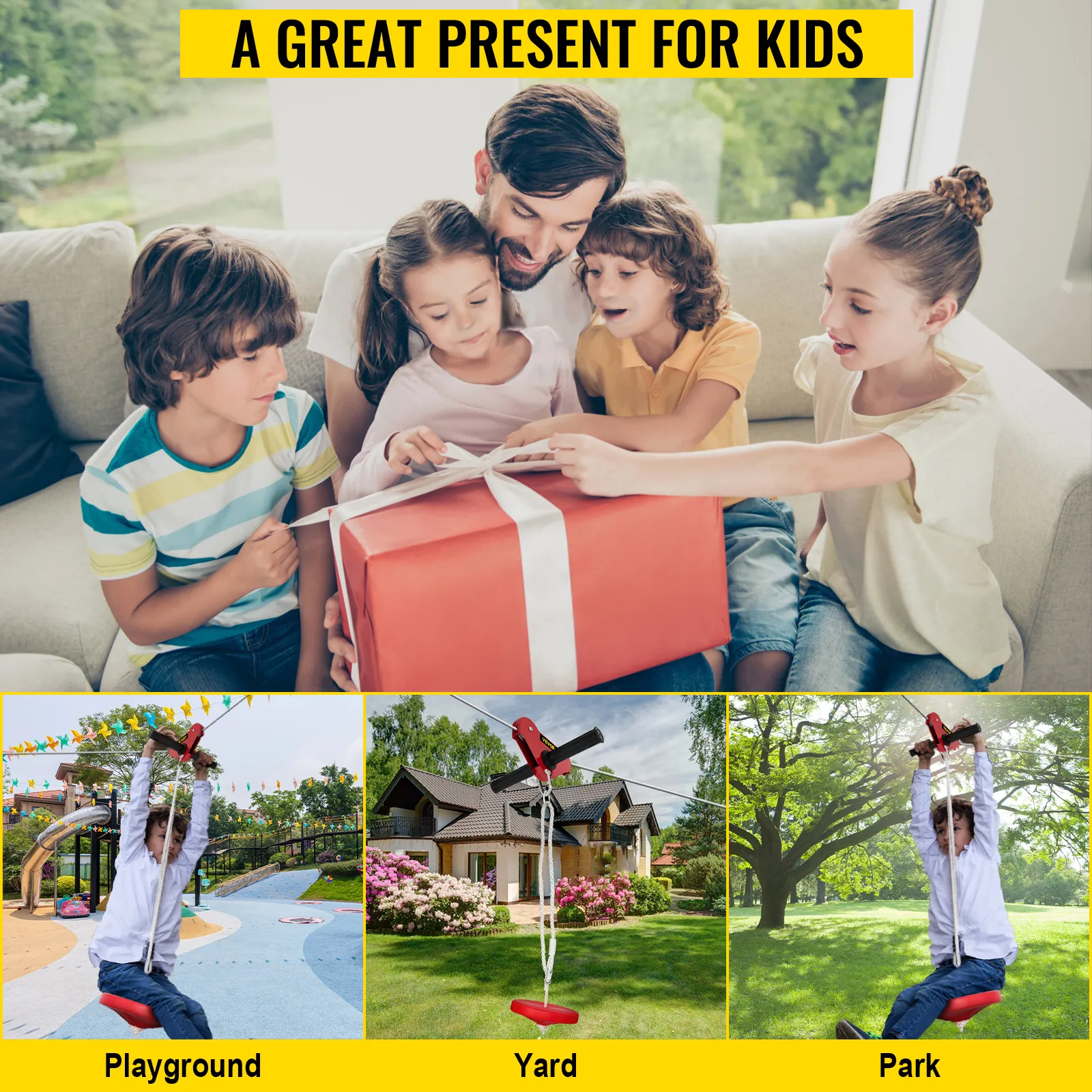 kids opening a present, with VEVOR zip line kits in use at the playground, yard, and park.