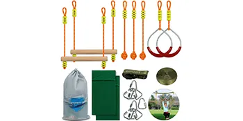 VEVOR ninja warrior obstacle course set with ropes, bars, rings, bags, and accessories.