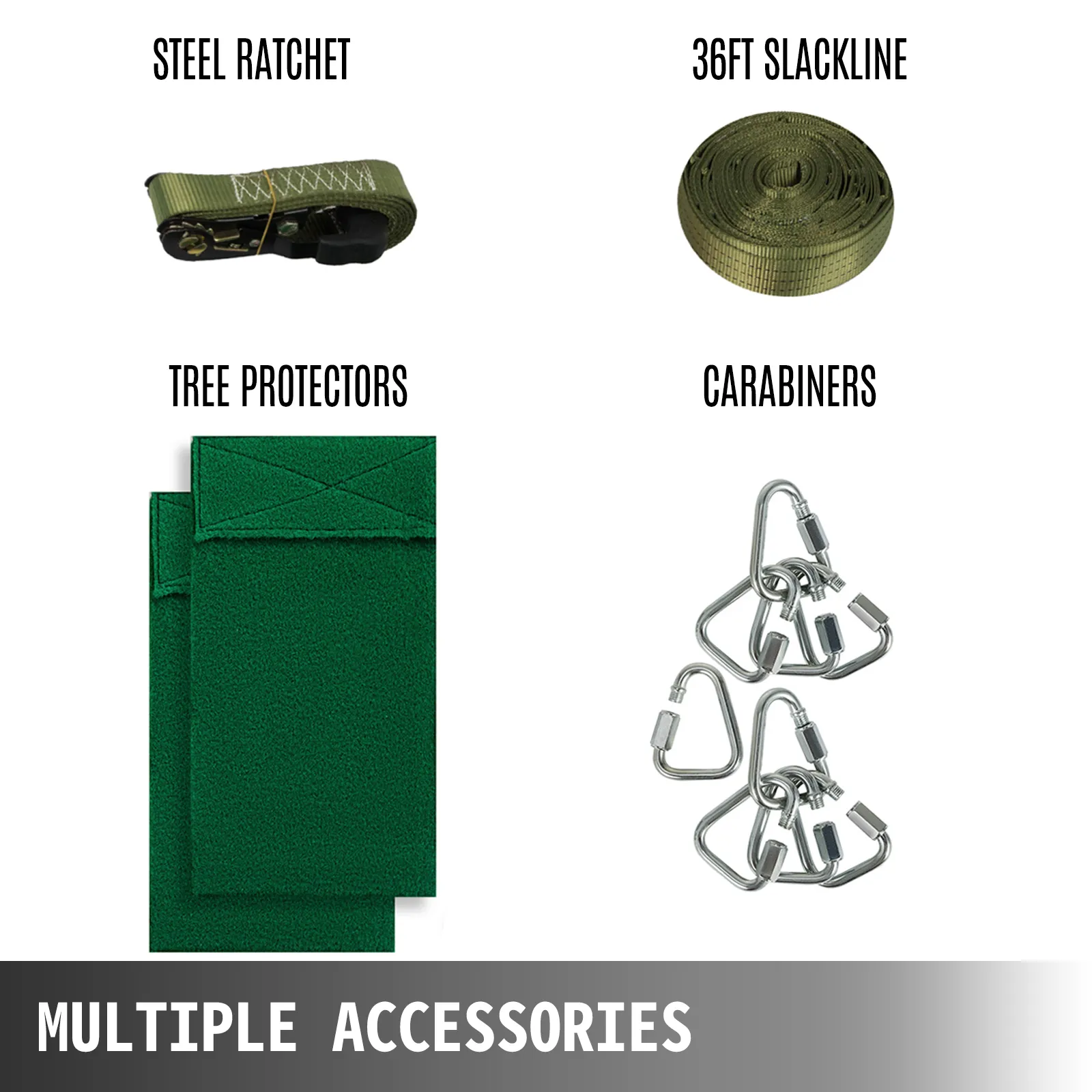 VEVOR ninja warrior obstacle course accessories: steel ratchet, 36ft slackline, tree protectors, carabiners.