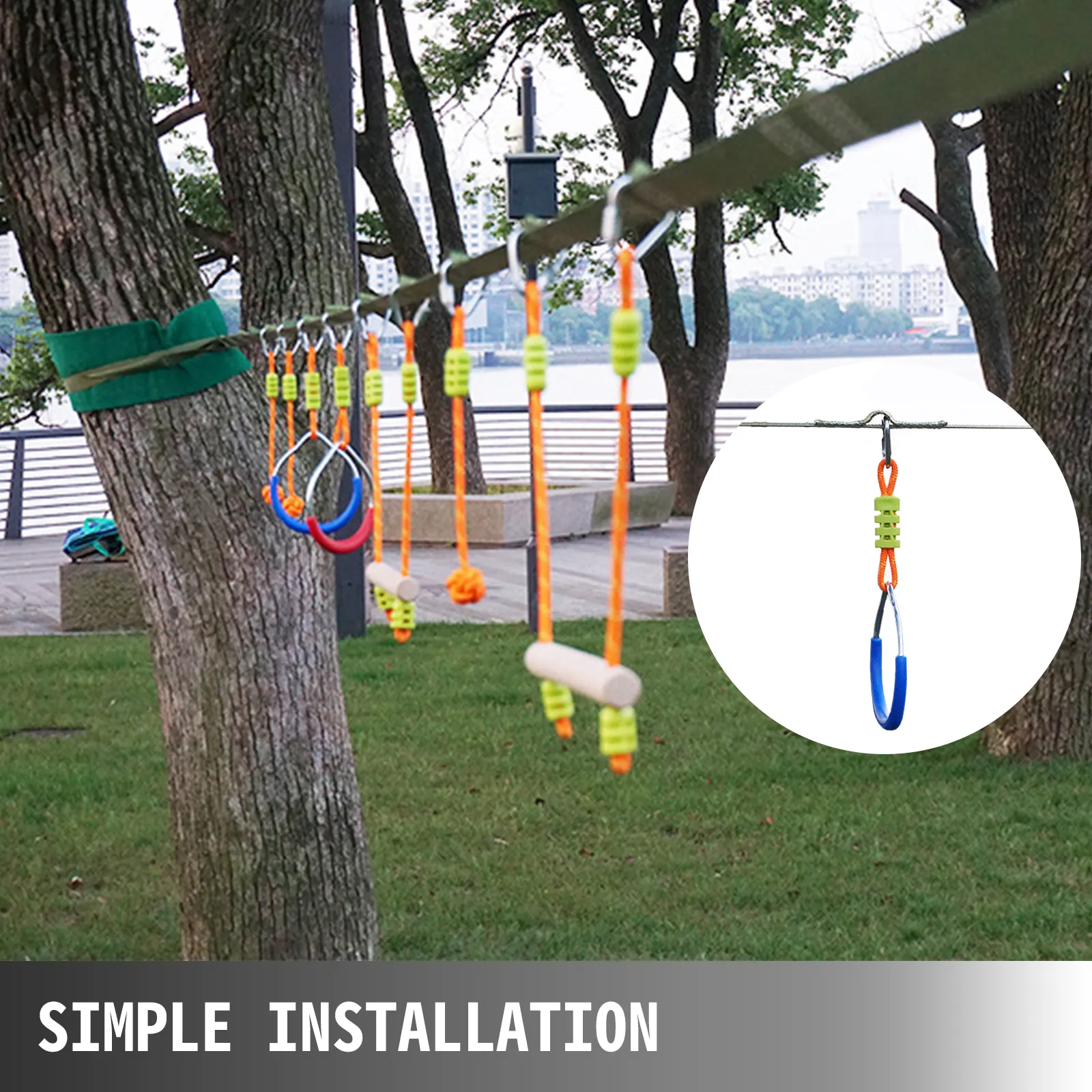VEVOR ninja warrior obstacle course set up between trees in a park. simple installation.