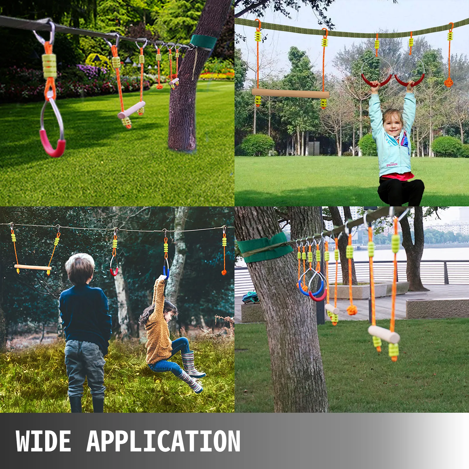 children enjoying the VEVOR ninja warrior obstacle course in various outdoor settings.