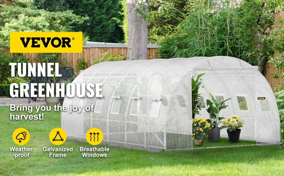VEVOR tunnel greenhouse in a garden, featuring weatherproof cover, galvanized frame, and breathable windows.